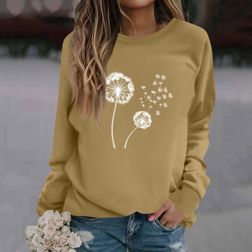 Women's Fashion Casual Long Sleeve Solid Color Printed Round Neck Top Sweatshirt