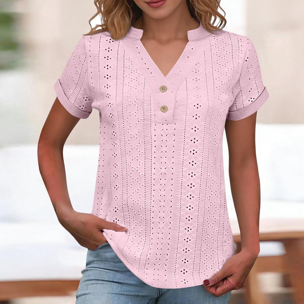 Women Short Sleeve Button Front Eyelet Embroidered Top V Neck Casual Blouse with Rolled Cuffs for Daily Wear