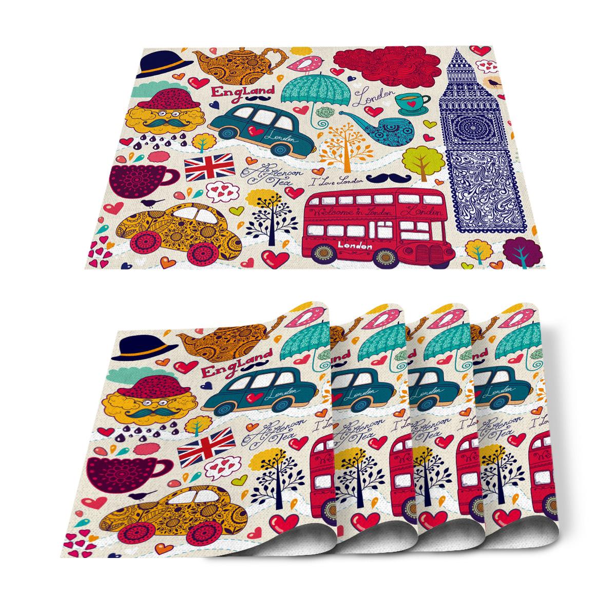 

2/4/6pcs Placemats British London Culture Cartoon Doodle Dining Table Runner Place Mat in Kitchen Accessories Bar Mat Coaster 2pcs 30x45cm