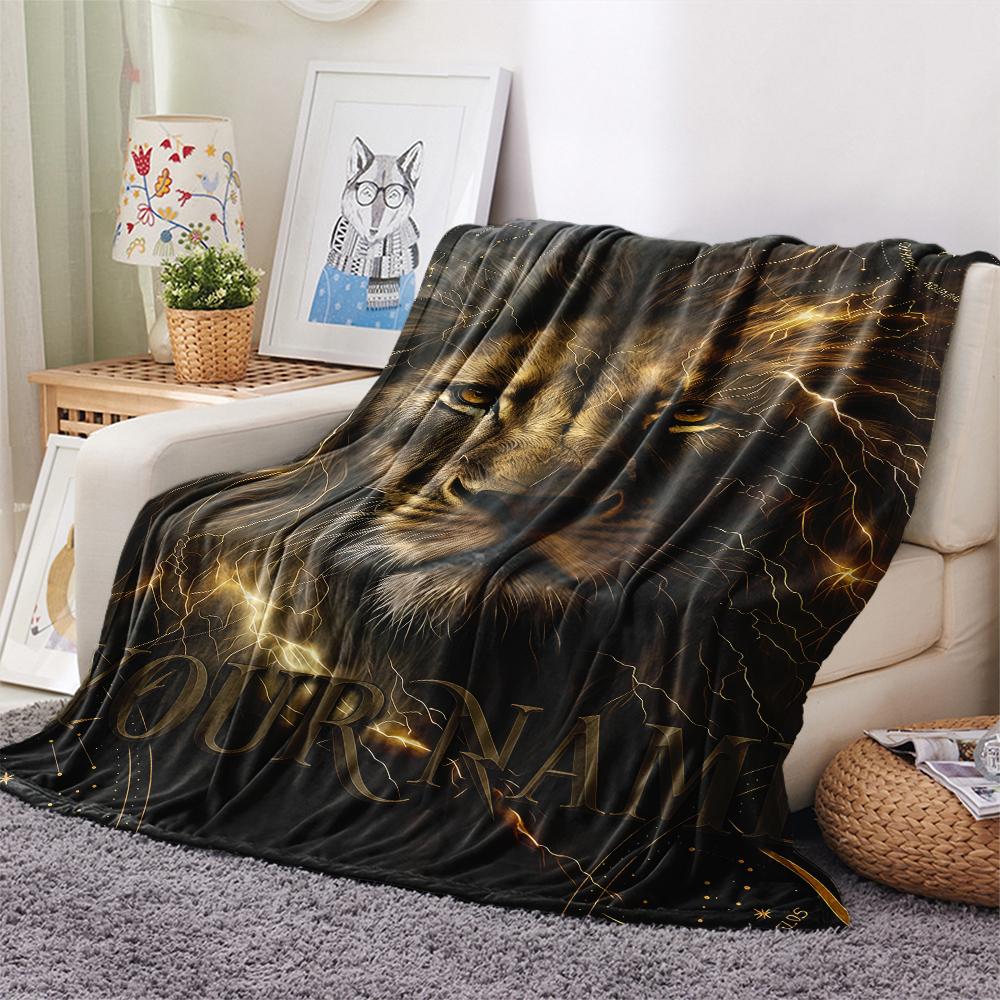 1PC Custom Name Royal Lion Majesty Patterned Flannel Blanket Suitable For All Seasons for Home Decor Warmth and Comfort Gifts Holiday Present_lx