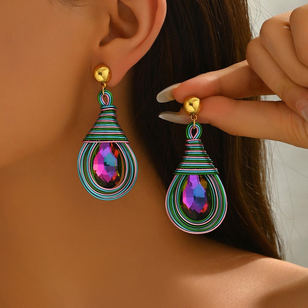 Women's Earrings Geometric Inlaid Color Diamond Water Drop Design Ear Studs All-Match High-Grade Earrings