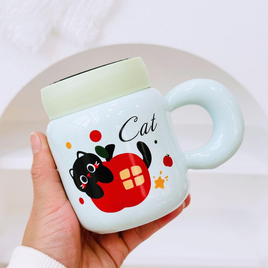 New Birthday Naughty Cat Water Cup Cartoon Ceramic Mug with Lid Spoon Cartoon Drinking Cup Gift Set Gift Box
