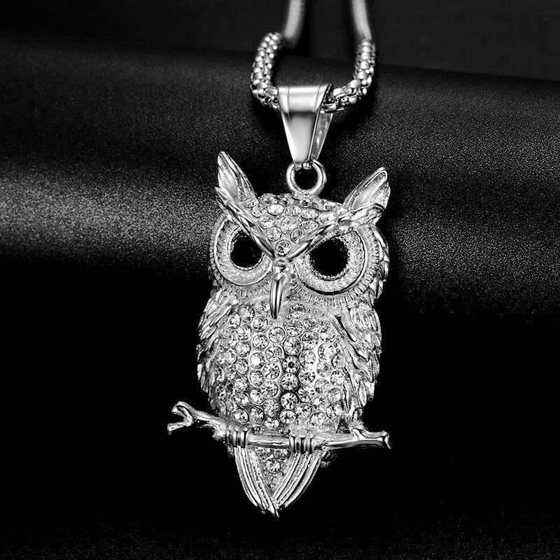 Gold-Plated Diamond Owl Pendant Necklace - European American Hip-Hop Style