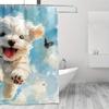 Cute White Puppy Shower Curtain - Running With Butterflies & Clouds, 71X71 Inch Polyester, Hand Wash, Summer Bathroom Decor