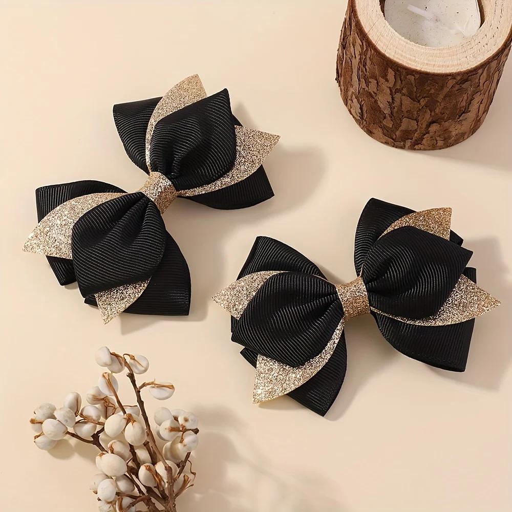 2Pcs Double Layer Glitter Bow Hair Clips for Girls Cute Grosgrain Ribbon Hair Accessories Children's Hairpins Bowknot Headwear