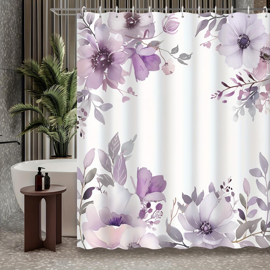 1 Piece American Retro Purple Gradient Floral Plant Shower Curtain, Bathroom Decoration, Including Shower Curtain With Hooks