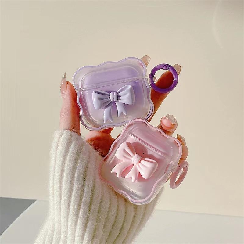 For AirPods Pro3 4 3 2 1 Pro Cute Wave Case Girly 3D Pink Bow Soft TPU Kawaii Generation Cover with Kit Keychain Girls Women