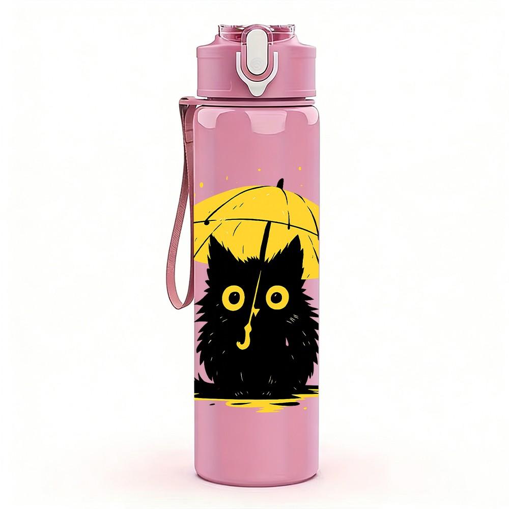 1PC Black Cat Holding Umbrella Print 750ml Color Plastic Sports Water Bottle Leakproof Flip Straw Lid Suitable for Sports Office Home Use