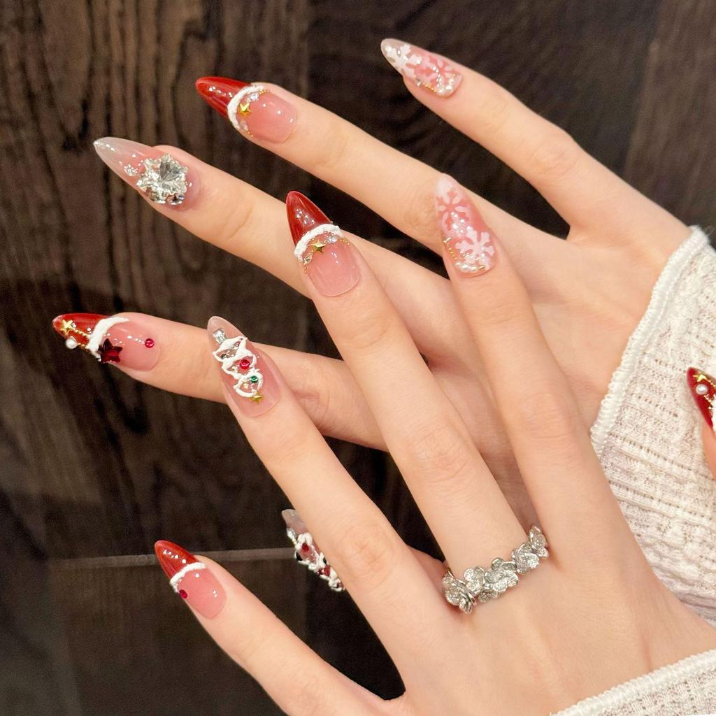 Yihe Wearable Nails - Red Velvet Snowflake Christmas Blush French Manicure (Purely Handmade)