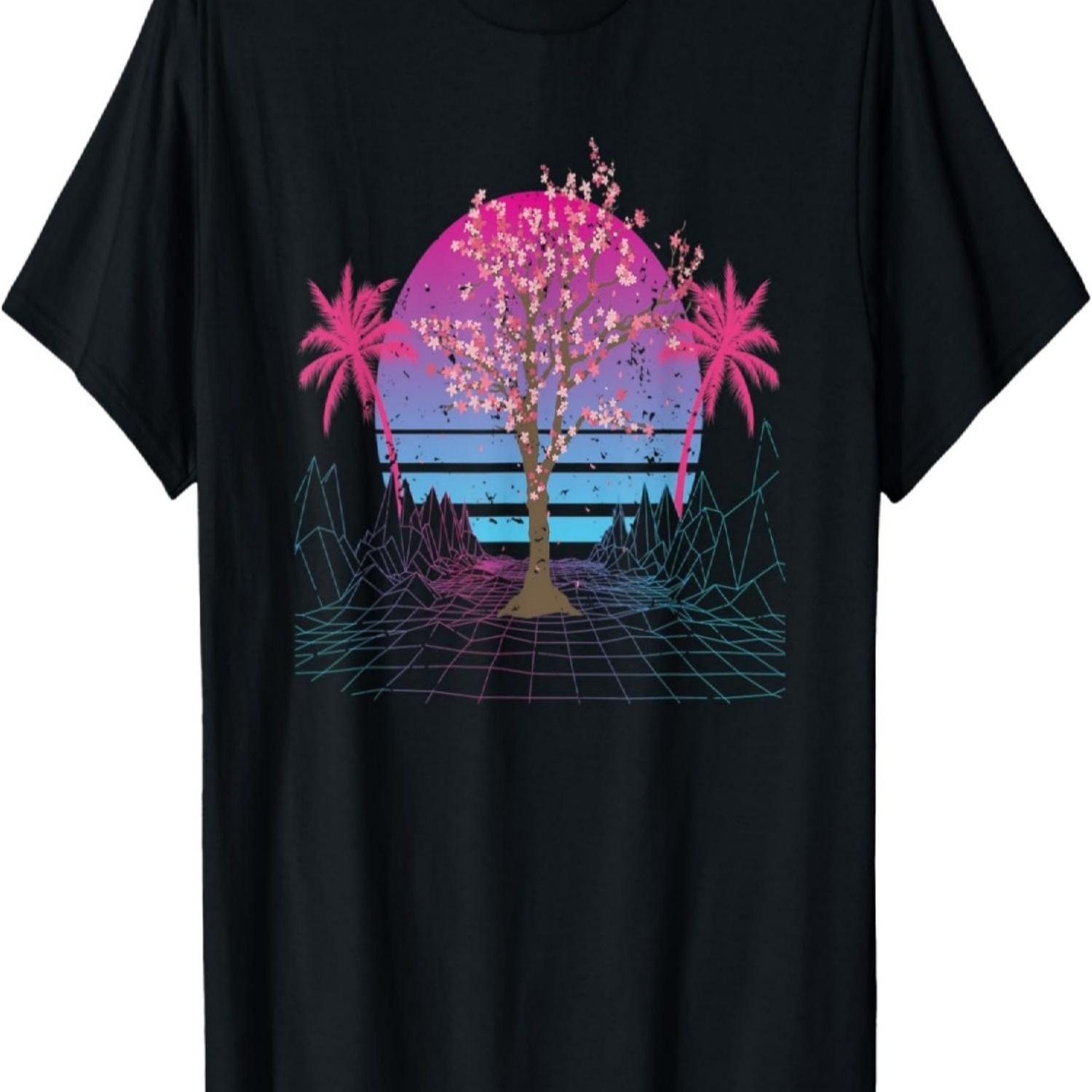 Japan Sakura Tree Pink Flower 80s Vaporwave Cherry Blossom T-Shirt S чёрный