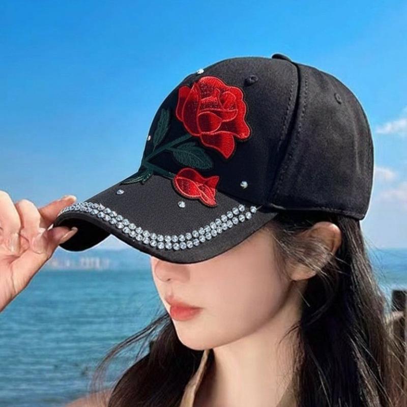 Embroidered rose baseball cap with mesh and diamond inlay, summer women's versatile casual sun protection hat
