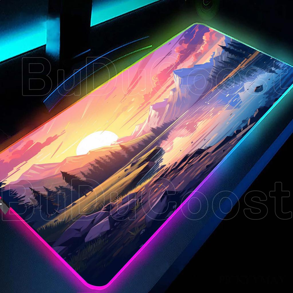 Tappetino per Tavolo da Gioco a LED Stile Anime e Paesaggio Montano Onirico Mouse Pad RGB con Colore Retroilluminato Tappetino per Tavolo Mouse Pad Antiscivolo in Gomma
