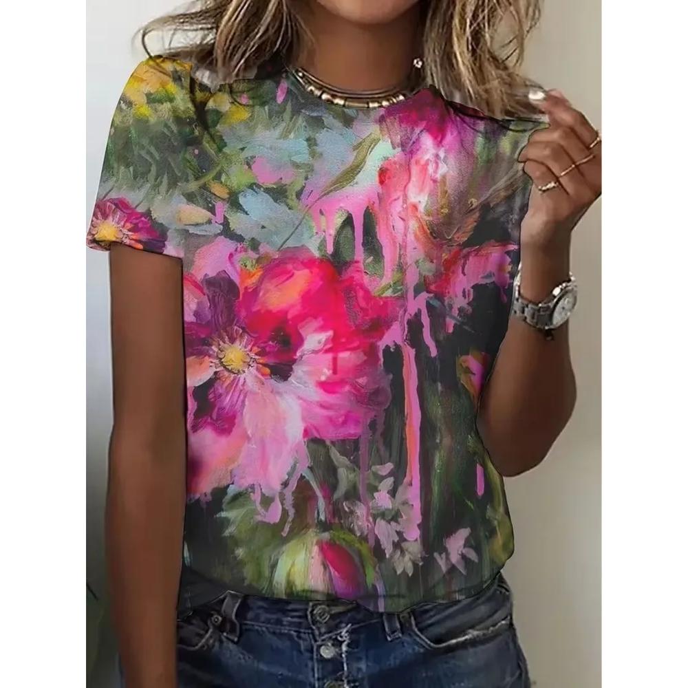Daily Versatile Flower Women's Printed Crew Neck Top Short Sleeve Casual T-Shirts Women’s