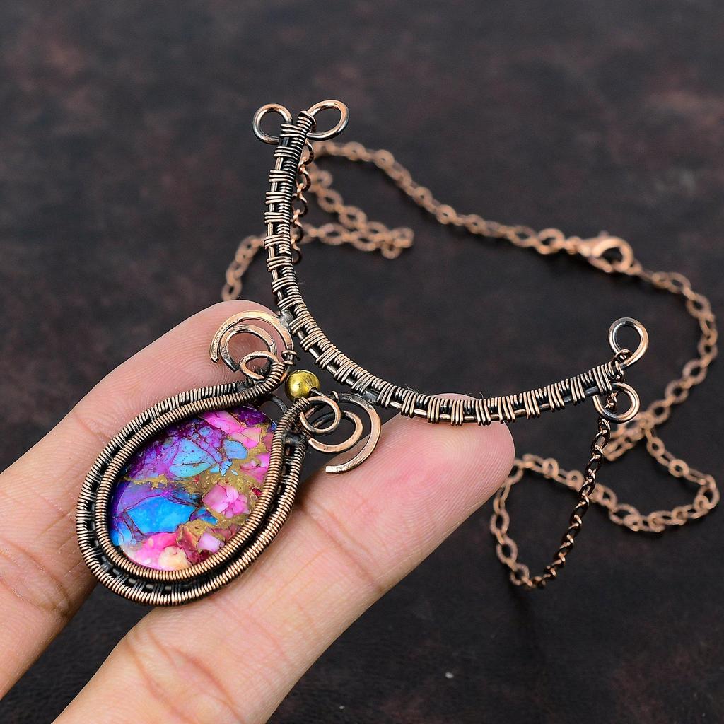 Natürliche Kingman Pinke Dahlie Türkis Halskette Kupferdraht Umwickelte Halskette Edelsteinschmuck Verstellbare Halskette Kupferschmuck Hochzeitsgeschenk