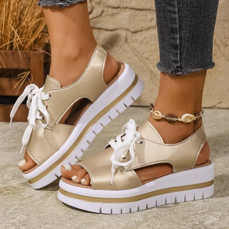Fashion Thick Bottom Size36-43 Casual Sandals Women Summer Shoes Open Toe Lace-up Beach Wedges Middle Heel Sandales Sandalias Mujer
