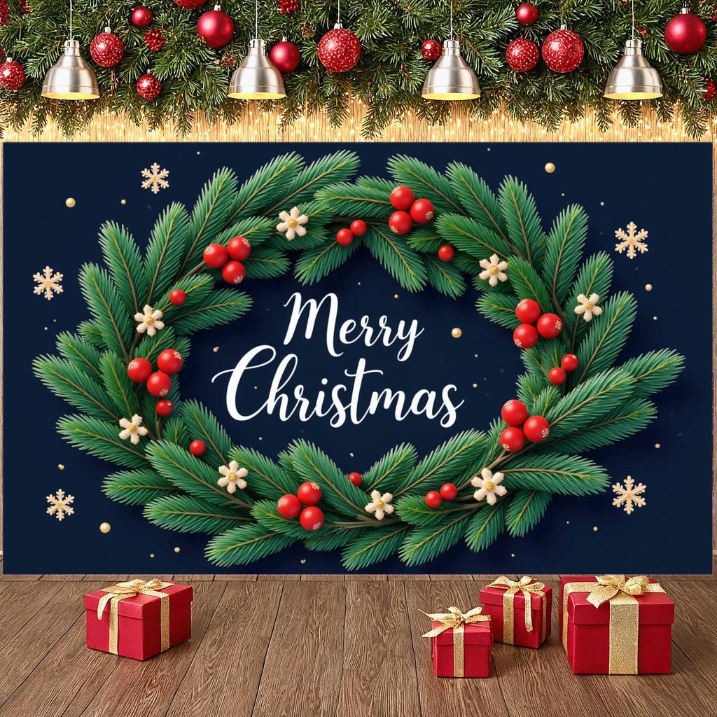 Xmas Banner Green Pine Christmas Party Banner Winter Banner White Flowers For Holiday Celebration Christmas Event Office