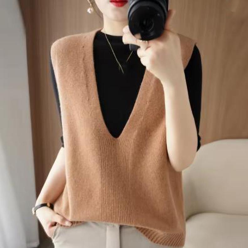 Colete Tricotado Primavera Verão Feminino Gola V Sem Mangas Pulôver Moda Solto Fino Peça Externa Outono Inverno