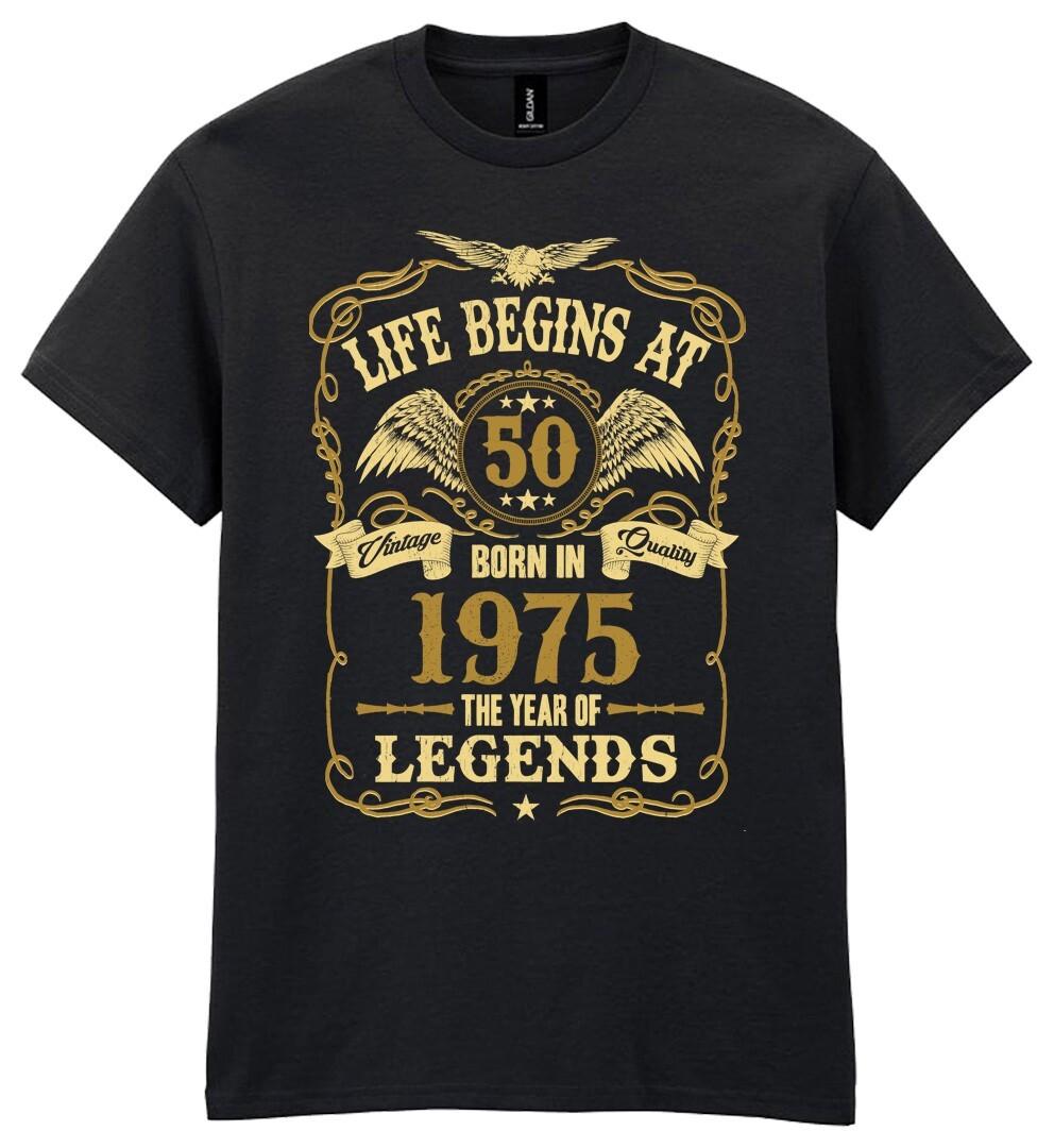 Life Begins at 50 Mens Birthday T-Shirt Mens Womens Tees Top Born in 1975 Legends 50th Gift Gold Text XL