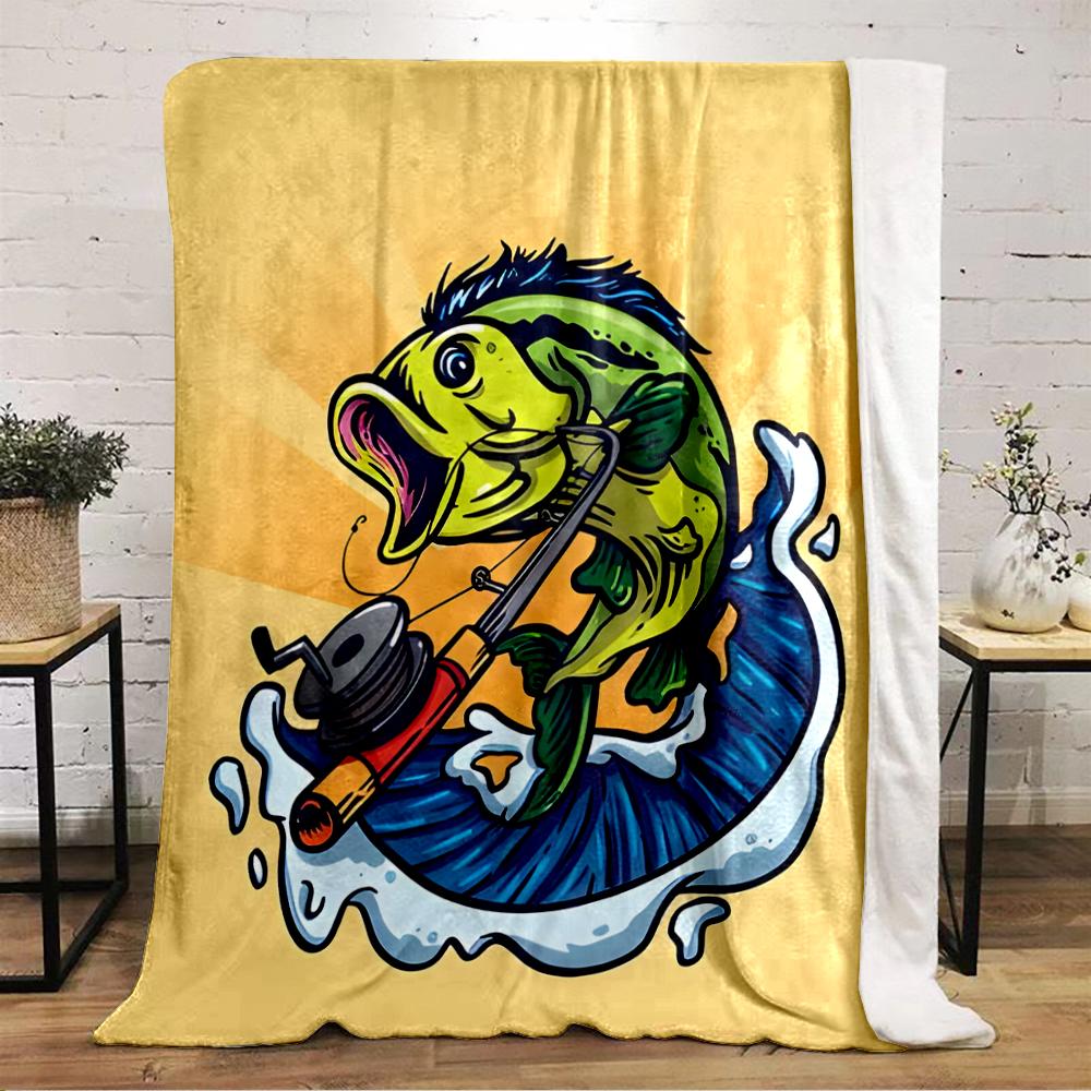 Cartoon Fish with Fishing Rod Graphic Blanket Flannel Blanket for Bedroom, Living Room, Sofa, and Nap Sofas.