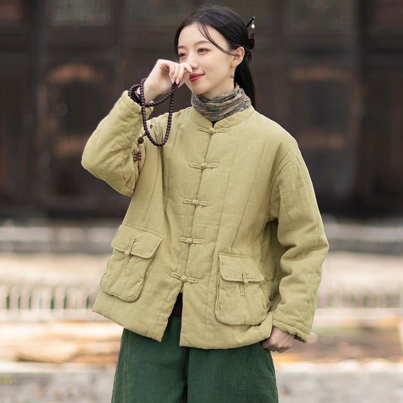 Johnature Women Vintage Warm Stand Long Sleeve Coats Solid Color Button Winter Pockets Coats