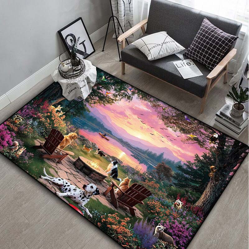 Moonlight Lake Cabin Area Rug, Canoe Scenery Floor Mat