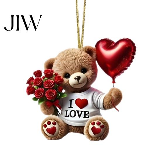 Klar Bedruckter Acryl-Anhänger Teddybär Hängendes Ornament, Hält Herz Ballon Rotes Rosenstrauß Dekoration, Kleines Romantisches Andenken Auto