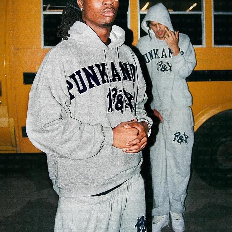 American Hip Hop Gothic Hoodie Set Letter Embroidery Tracksuit Streetwear Men Women