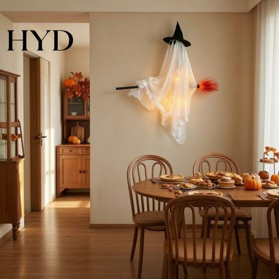 Flying Ghost with Broom Hanging Halloween Decoration, Witch Ornament for Cute Wizard Haunted House Porch Tree Spooky Outdoor Indoor Party Prop