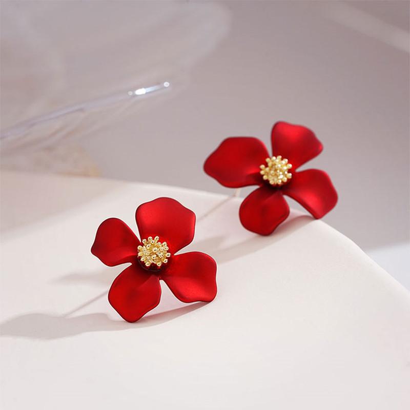 Fashion Red Flower Stud Earrings for Women Temperament Petals Plant Cute Earrings Wedding Party Elegant Jewelry