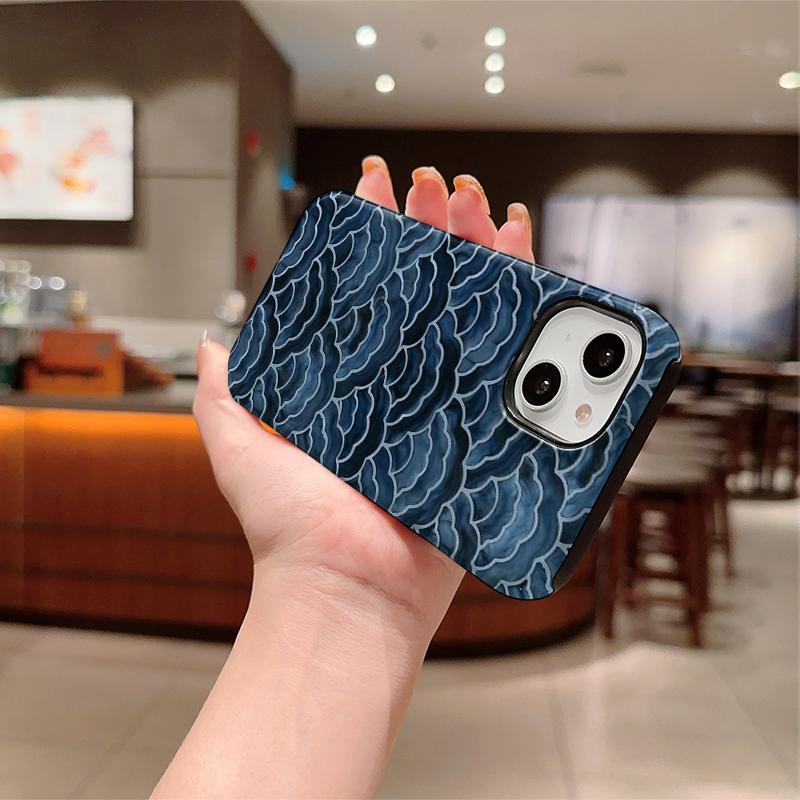Artistic Oceanic Watercolor Layered Scale Pattern Film Aesthetic Protective Shockproof Bumper Phone Case Cover For iPhone 14 15 16 Pro Max Plus