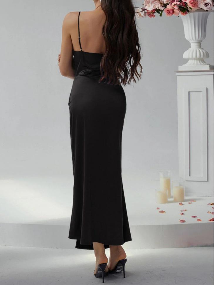 Elegant Satin Pleated Camisole Slit Evening Gown - Spring/Summer Style for Women