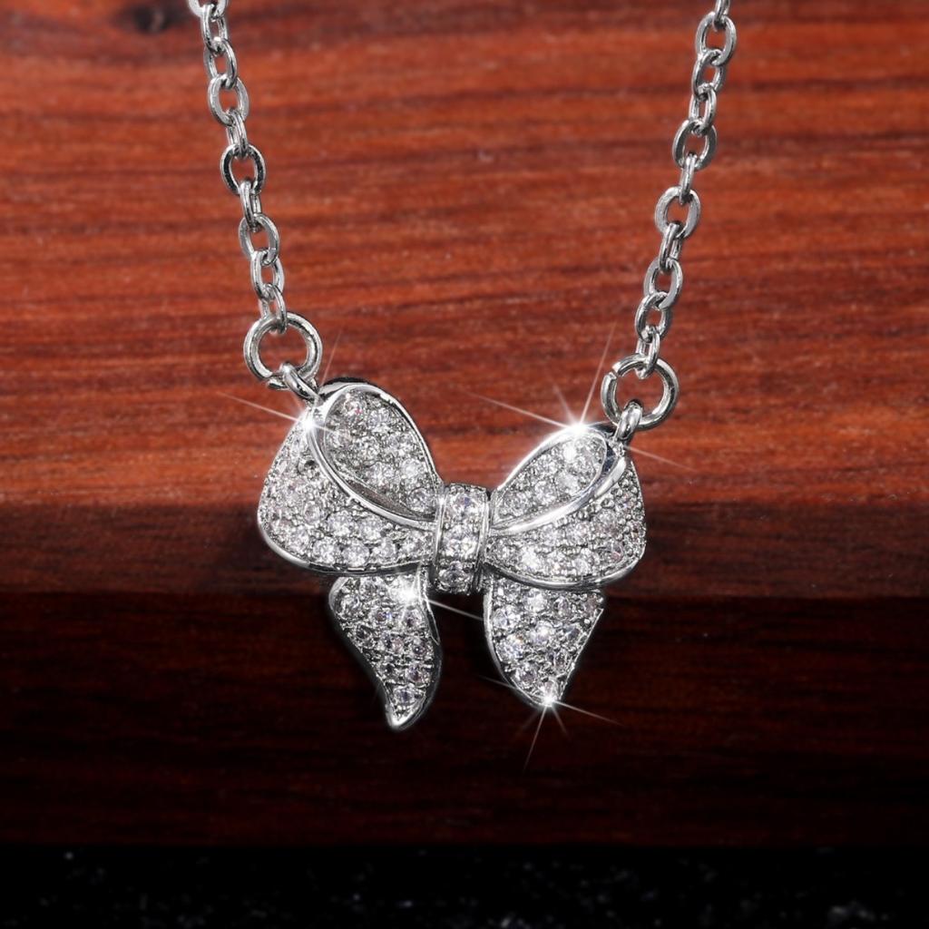 Elegant Full Paved Bow Pendant Necklace for Women Sparkling Stone Design Dainty Romantic Everyday Party Jewelry Gift for Her