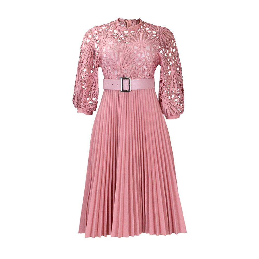 Women's Mock Neck Three Quarter Sleeve Midi Dress Loose Fit High Waist Elegant Hollow Lace Pleated A Line Dress Party Formal Dress