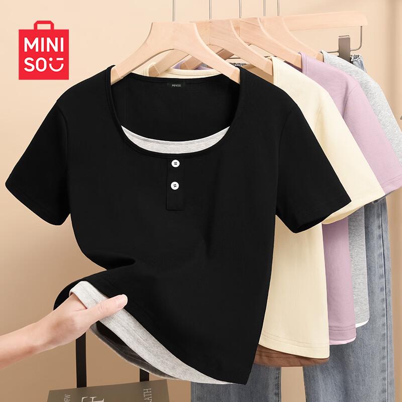 MINISO Women s Slim Fit Faux Two-Piece Cropped Henley T-Shirt S