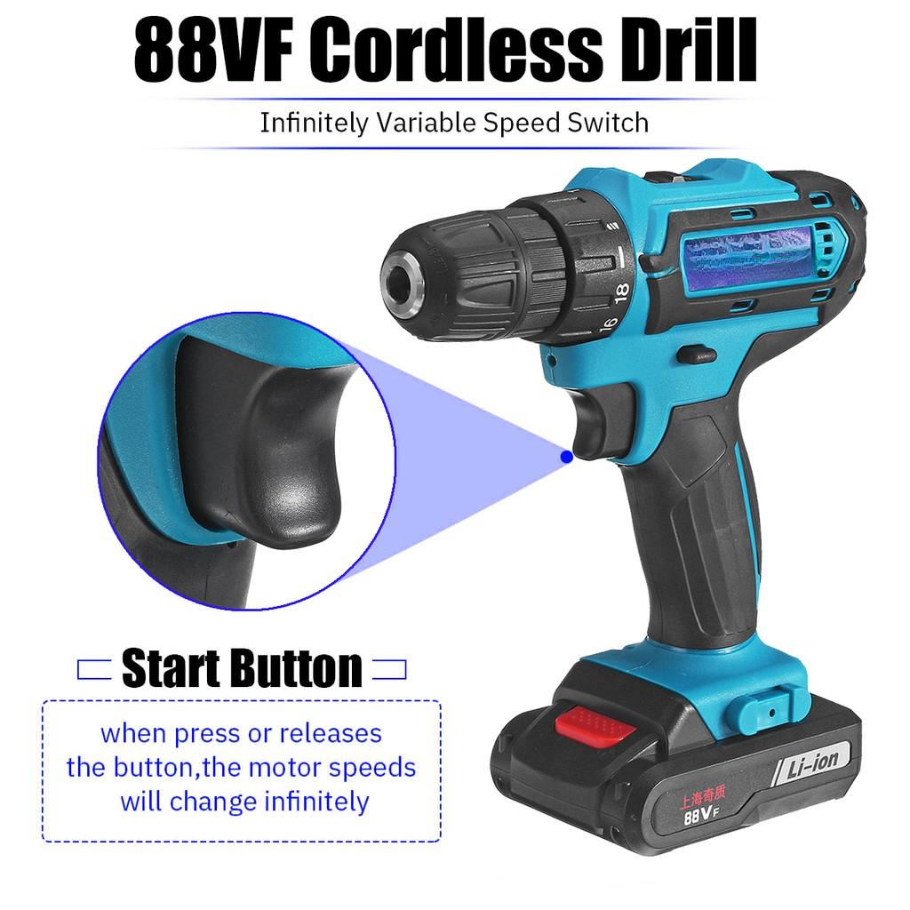 AC 220V 88VF Power Cordless Electric Drill Flat ScrewDriver Li-Ion Batery Rechargeable 18+1 Torque Hand Power Tool