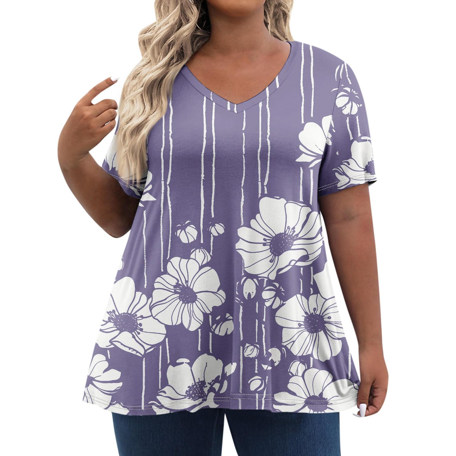 

Женские топы больших размеров, шорты с рукавами, рубашки с V-образным вырезом, повседневная одежда, топы с принтом XL фиолетовый