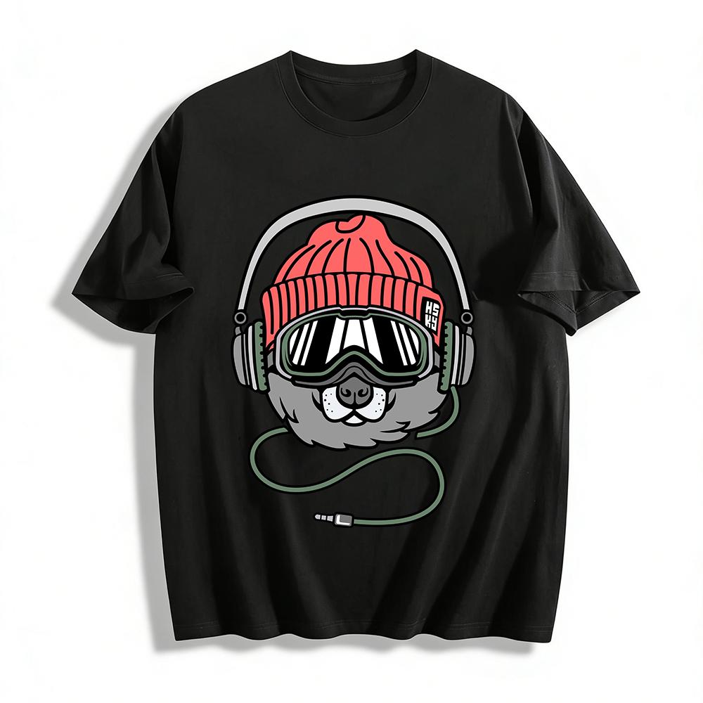 

Cool Dog With Ski Goggles Headphones Graphic Casual Top Pure cotton T-shirt XXS