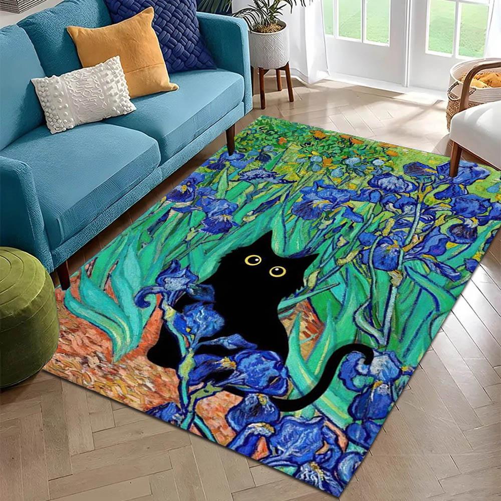 3D Black Cat K-Klimt Garden Flowers Carpet Rug for Art Living Room Decor Sofa Home Gifts Kids Game Area Rug Non-slip Floor Mat