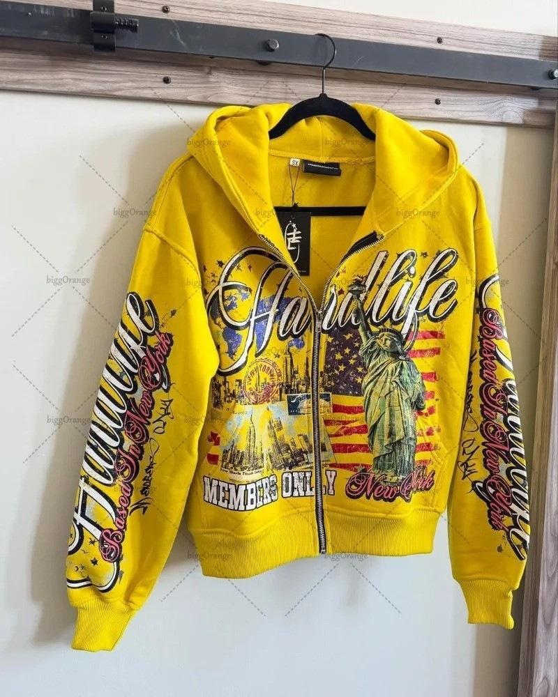 Cardigan con cappuccio alla moda hip-hop streetwear retro americano con stampa di lettere, maglione sportivo ampio Harajuku