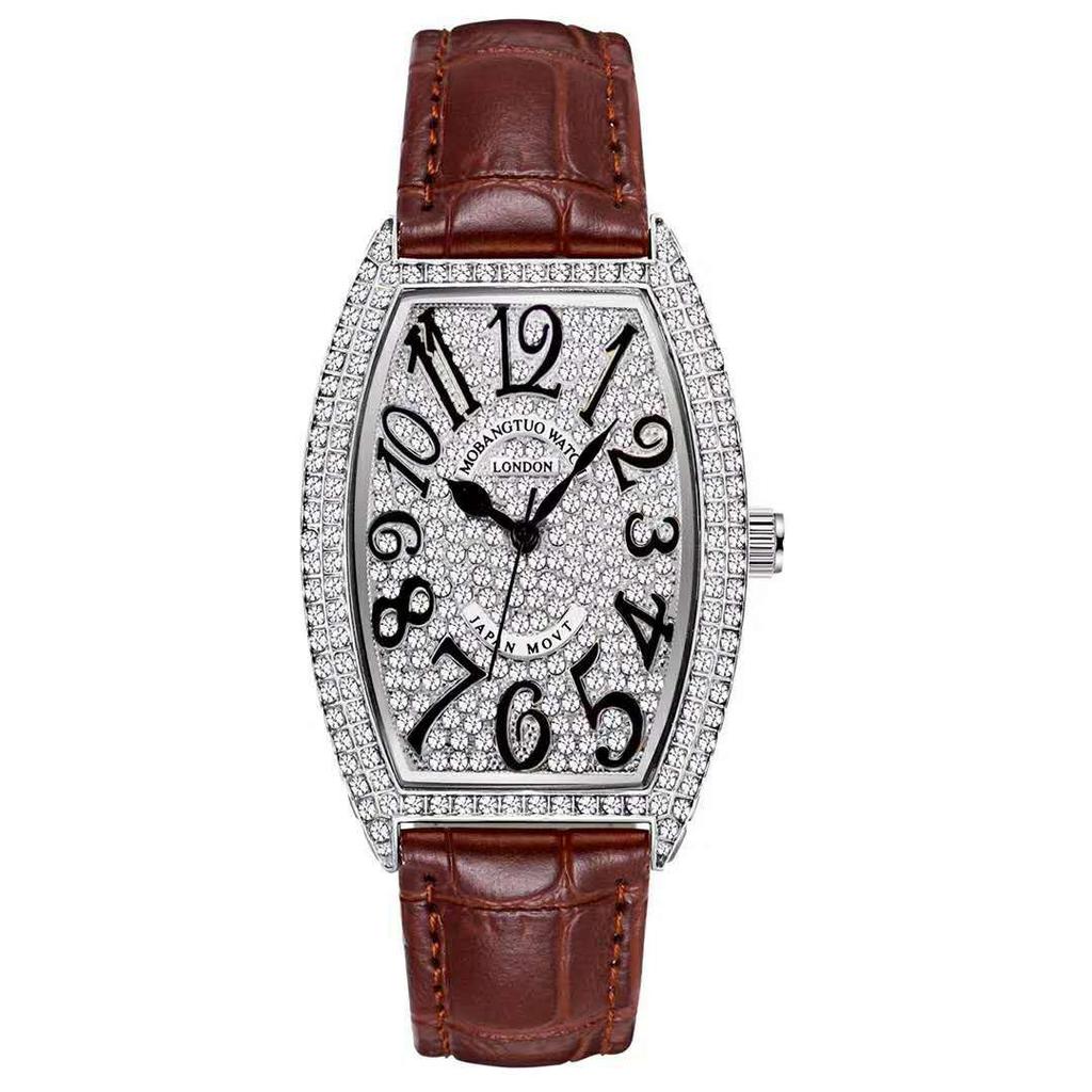 Voll Diamant Digitales Zifferblatt Mode Damen Armbanduhr Weinfass Lederarmband Studenten Trend Uhr