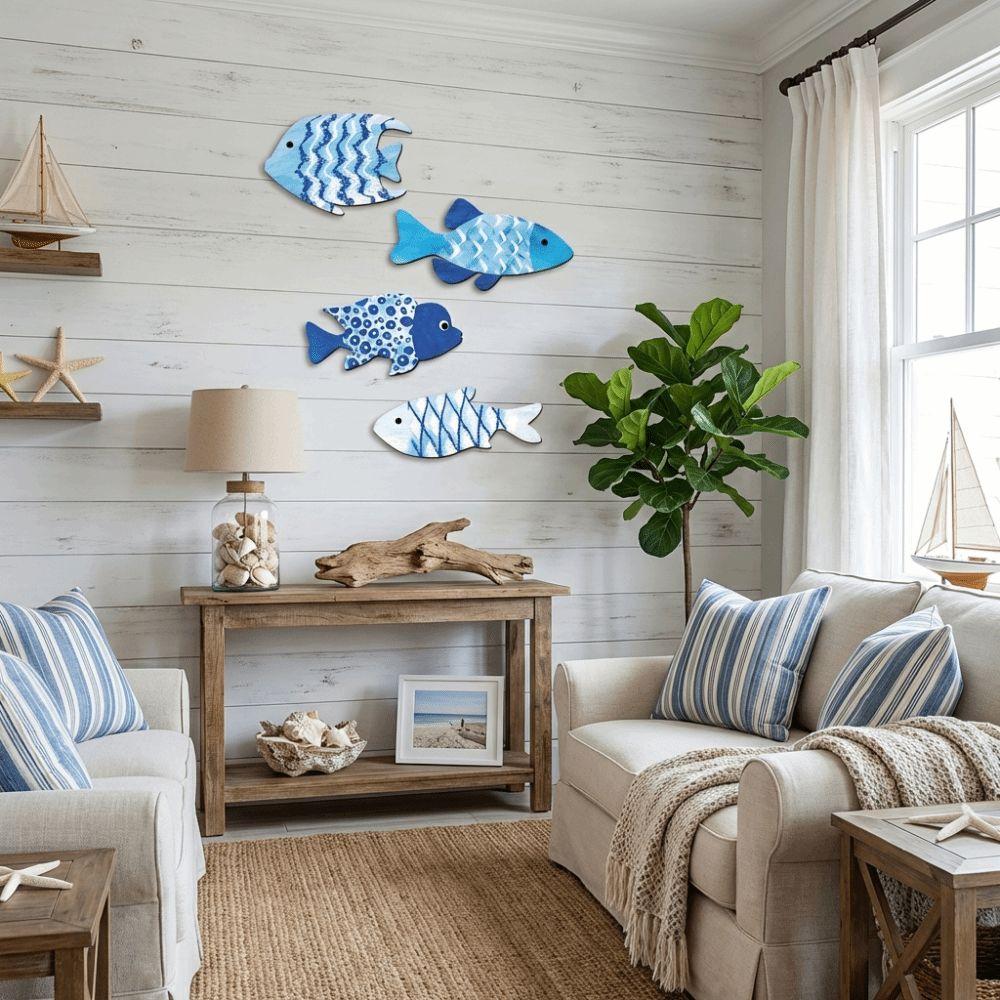 Marine Style Wooden Fish Wall Decor School of Fish Nautical Wall Art  Living Room Decor