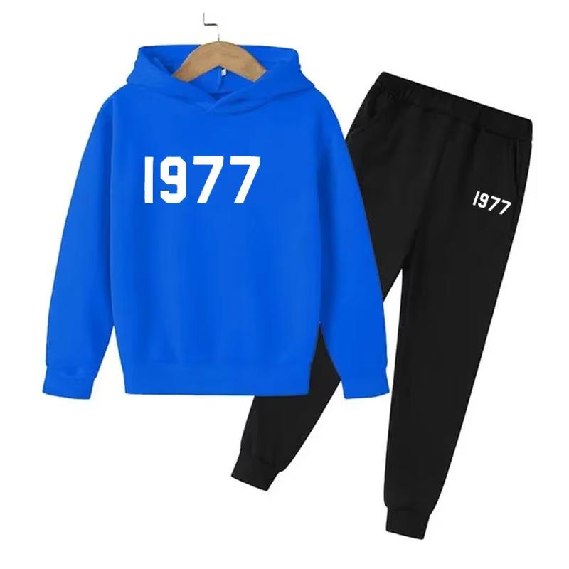 Fashion Casual 1977 Boys Girls 2 Piece Sets Tracksuit Kids Hooded Sports Suit Children Hoodies Sweatshirt Top+Pants Streetwear