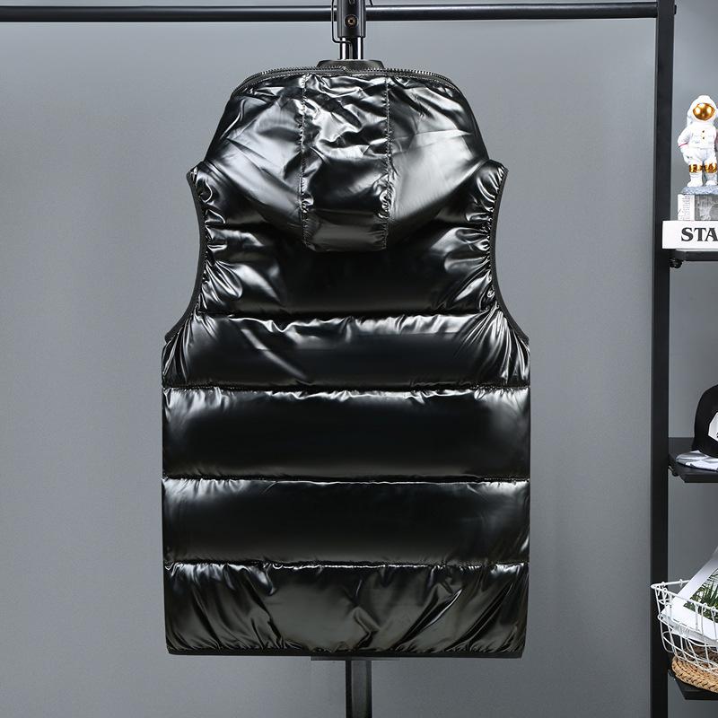 Glossy Cotton Vest Men's Korean Version Trendy Hooded Bright Leather Vest Men's Double-sided Wear Vest Large Size Cotton Vest Men