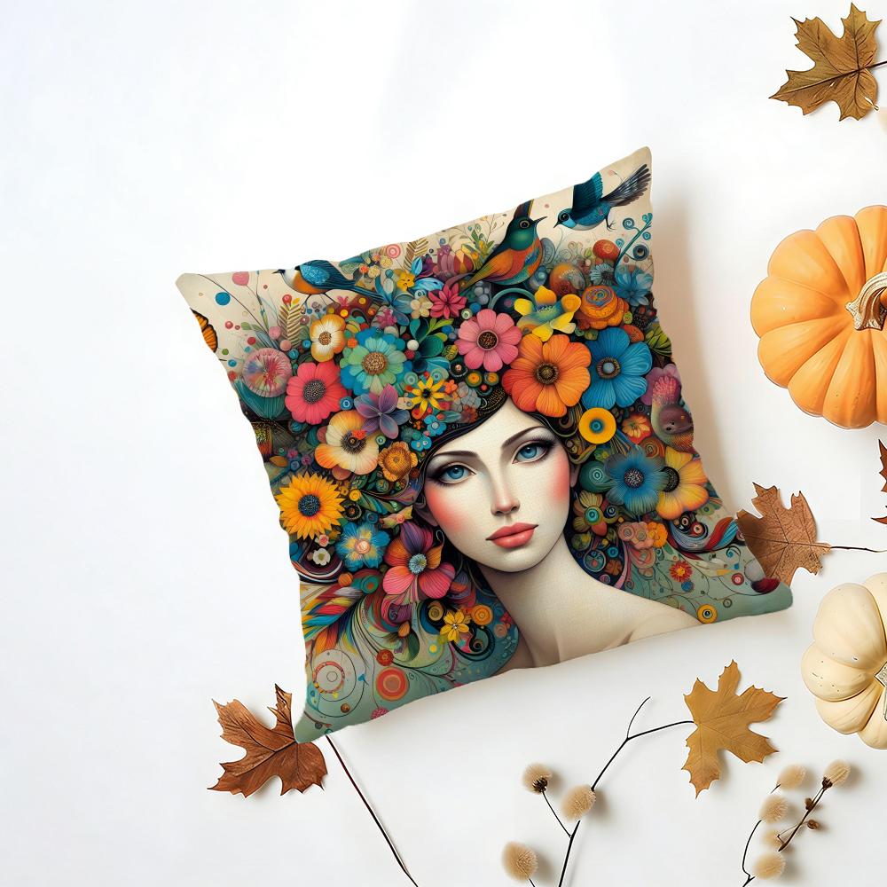 Casual Romantic Dreamy Flowers Girl Hairs Cushion Cover Washable Linen Pillowcase Soft for Daily Sofa Bed Home Room Decor