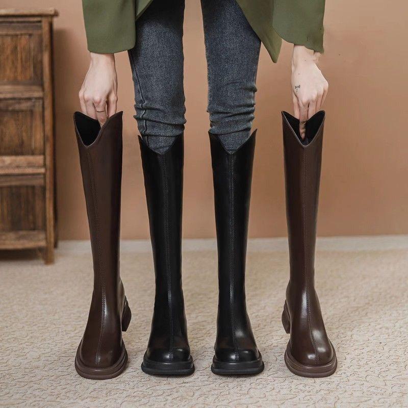 Legs thin high boots thick sole high French black V-mouth knight boots women's 2025 autumn and winter new round head thick heel