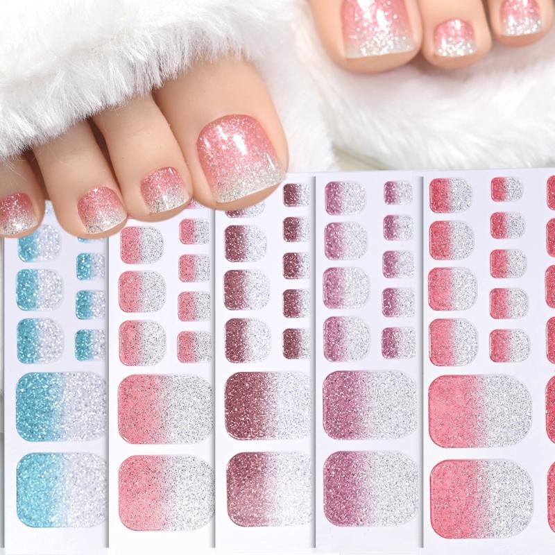 22Pcs/Sheet Toe Nail Sticker Wraps Baking Free Simple Solid Color Glitter Full Cover Toenail Polish Strips Waterproof