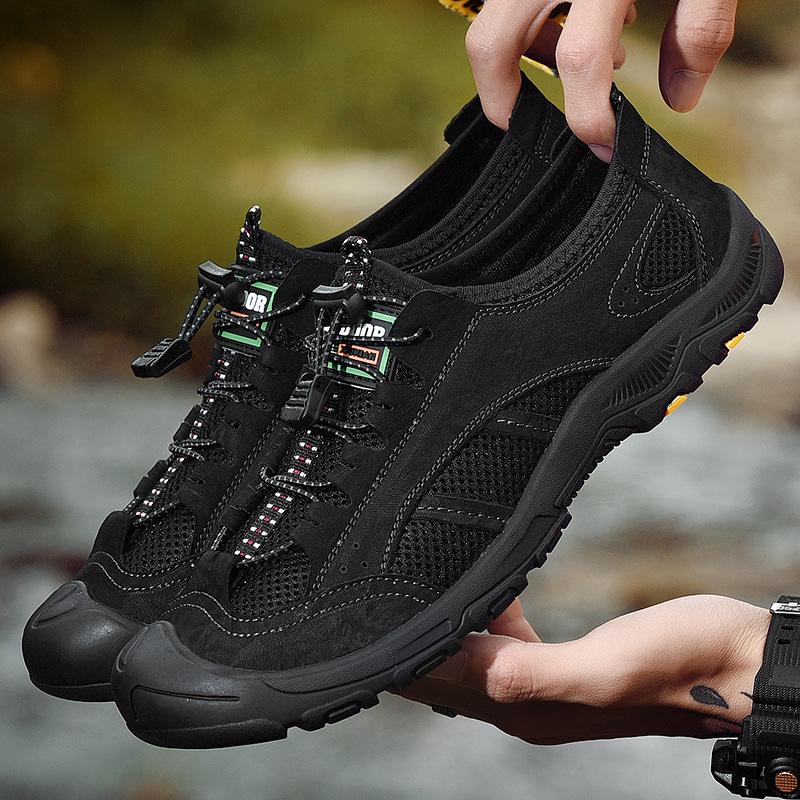 

Лето 2025 года, мужская обувь, походная обувь для активного отдыха, кожаная дышащая сетчатая мужская повседневная обувь, эластичная походная обувь для скалолазания 38 чёрный