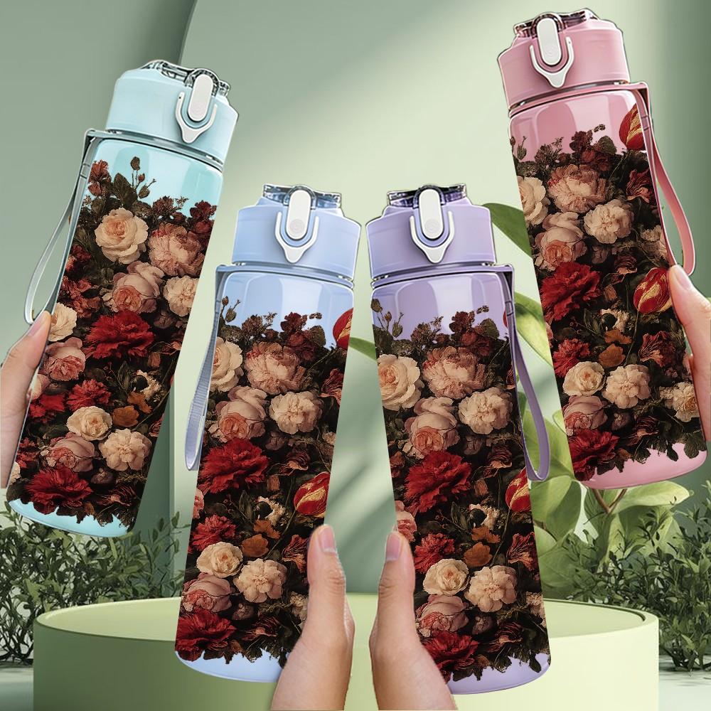 1PC Dried Red Fruit Berry Bouquet Print 750ml Color Plastic Sports Water Bottle Leakproof Flip Straw Lid Suitable for Sports Office Home Use