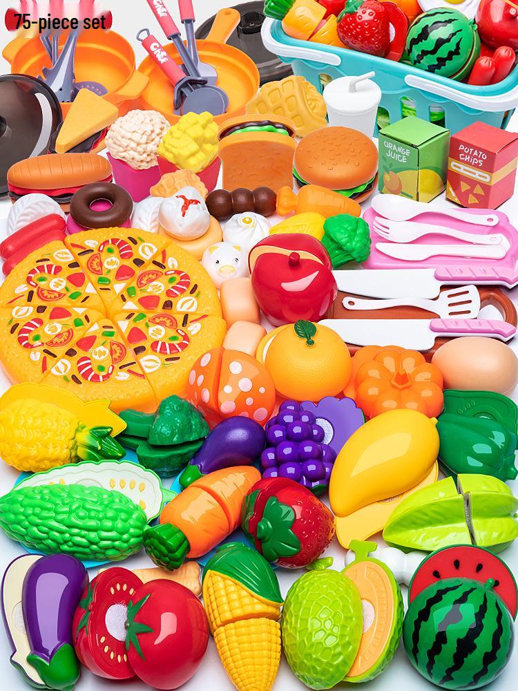 Kids' Pretend Play Kitchen & Shopping Cart Set with Cuttable Fruit and Veggies