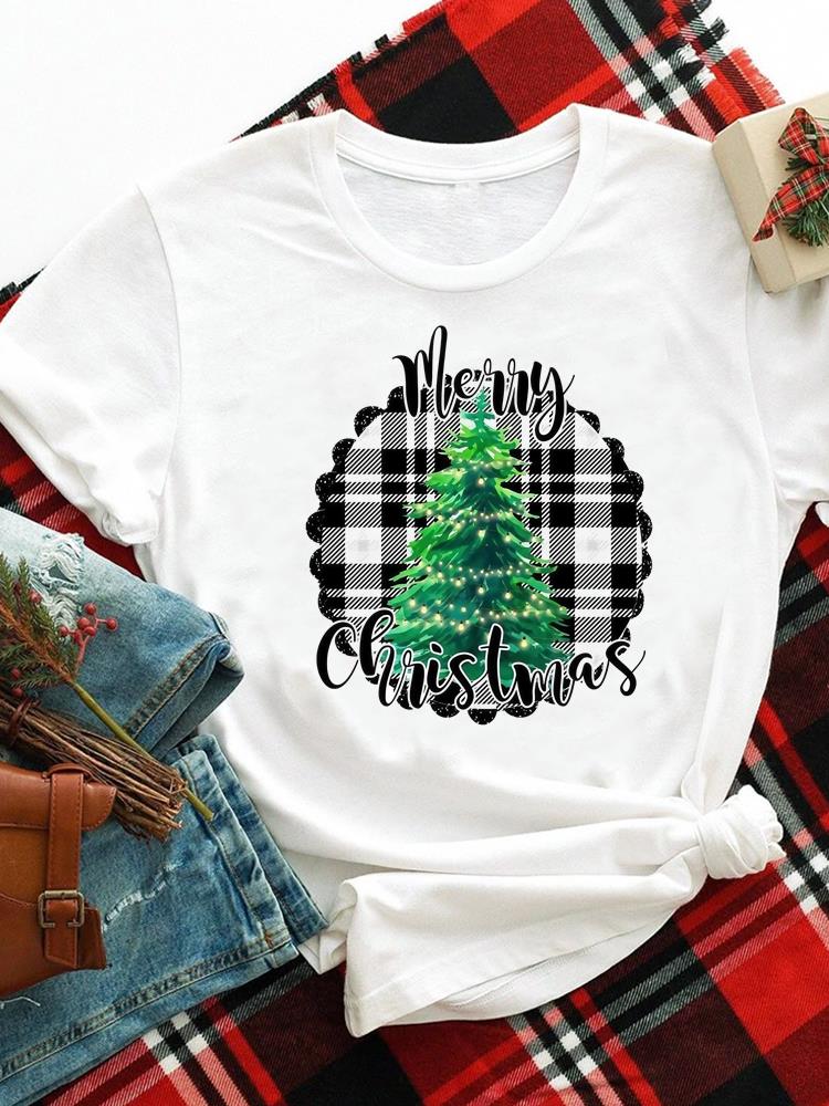 (Asian Size) merry Christmas new year o-neck Women's Top T Clothing Print lovely trend cute Short Sleeve T-shirts Fashion holiday Graphic Tee